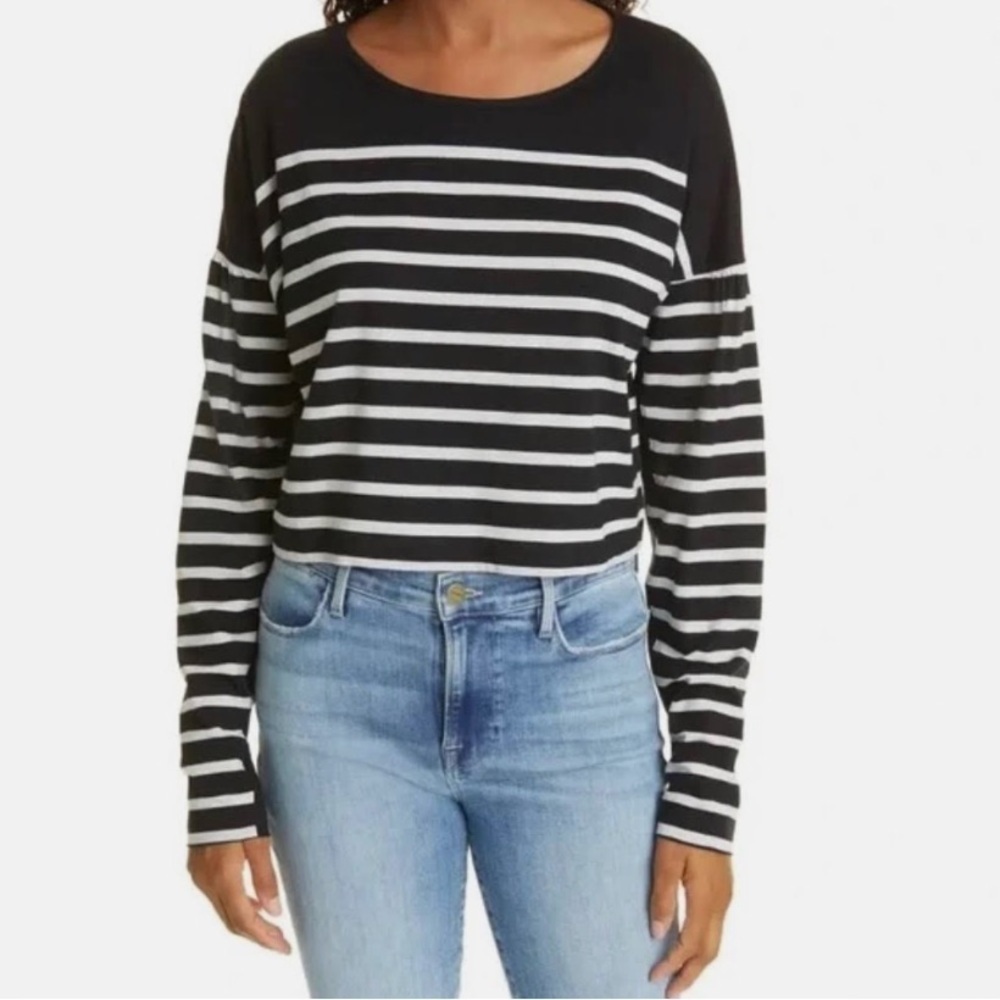 NWT La Ligne Long Sleeve Puff Sleeve Striped Tee in Black & White